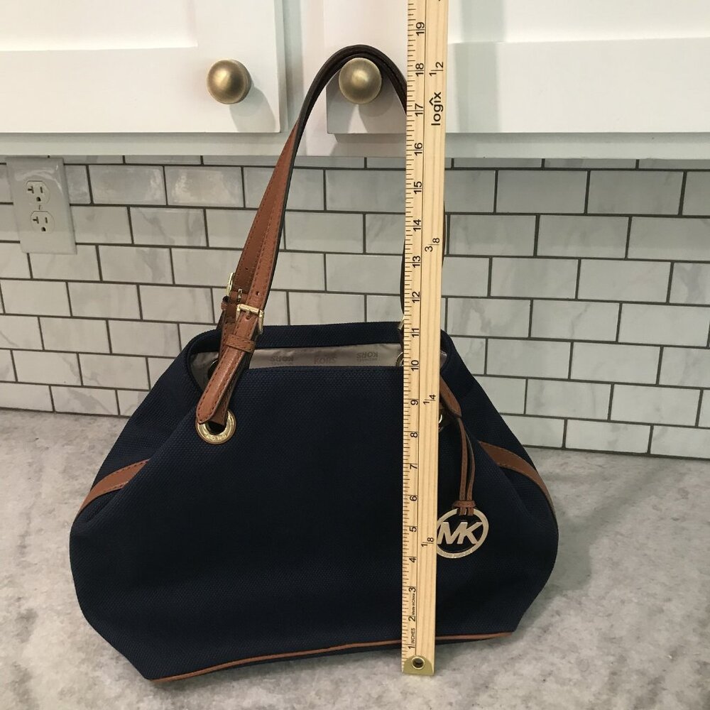 Michael Kors Tote Bag Womens Large Blue Canvas Leather Shoulder Purse MK Charm - Picture 14 of 14